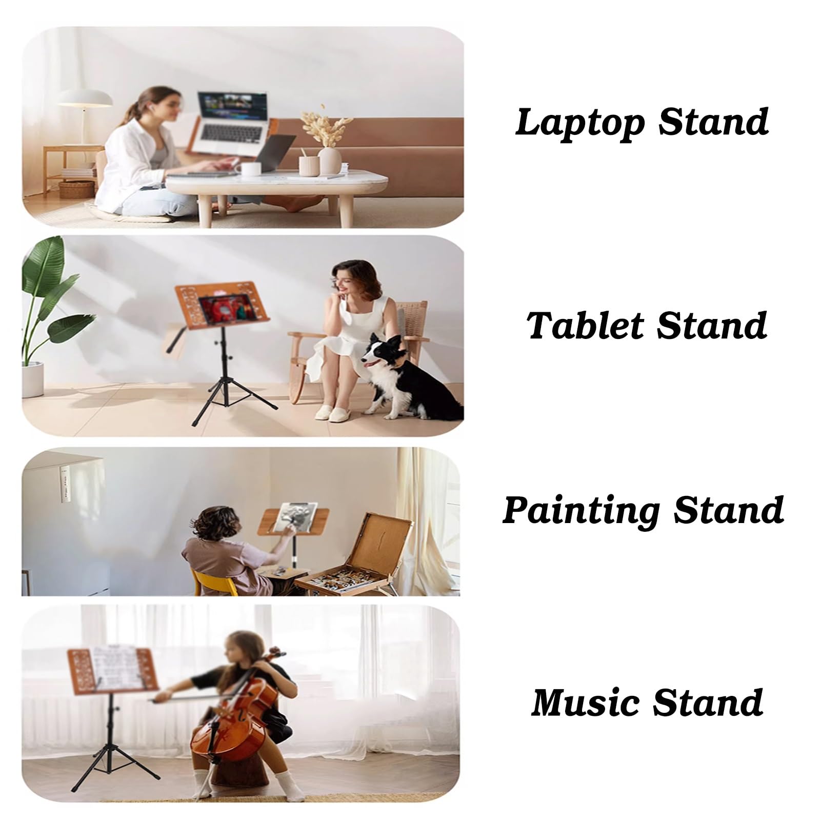 Leggio da terra con graffette, altezza regolabile (52-160 cm), treppiede regolabile a 180° per spartiti musicali o libri