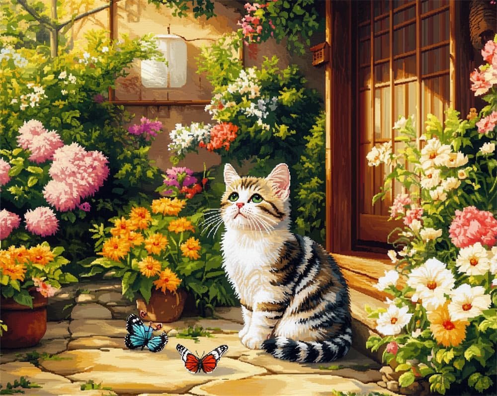 Henypt 11Ct DIY Stamped Cross Stitch Kit Embroidery Kit A Cat and Butterflies in A Courtyard Counted Cross Stitch Kits Oil Painting Counted Cross Stitch Kits for Adults Beginners, Stamped Printed P