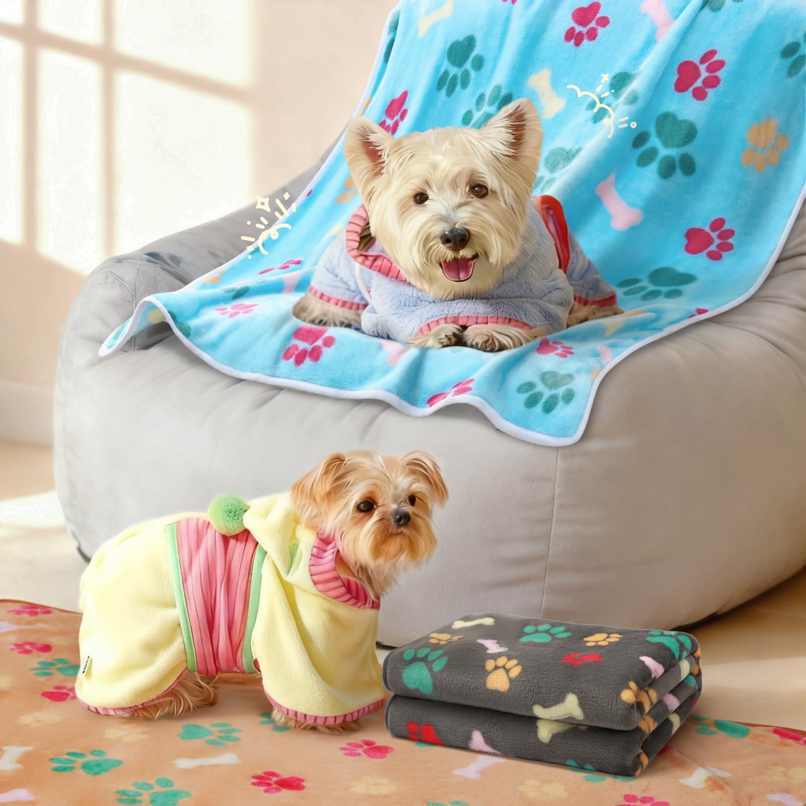 luciphia 1 pack 3 blankets fluffy premium fleece pet blanket flannel paw printed throw for dog cat(medium 30x20'', grey/brown/blue)