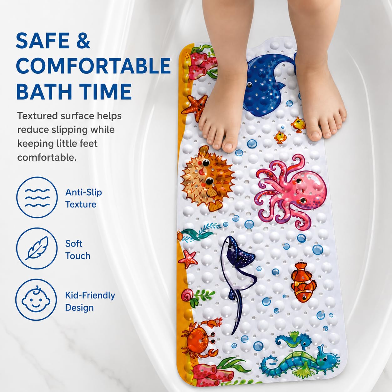Tapis de Bain Antidérapant pour Bébé et Enfants, 100 x 40 cm, avec Ventouses et Trous d’Évacuation, Lavable en Machine, Motif Pieuvre Rose