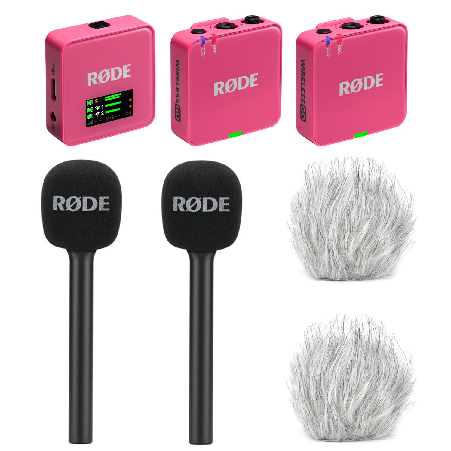 Rode Wireless GO Gen 3 Drahtloses 2-Kanal Mikrofon-Funksystem Pink mit 2X Interview GO Handadapter und 2X keepdrum Fell-Windschutz