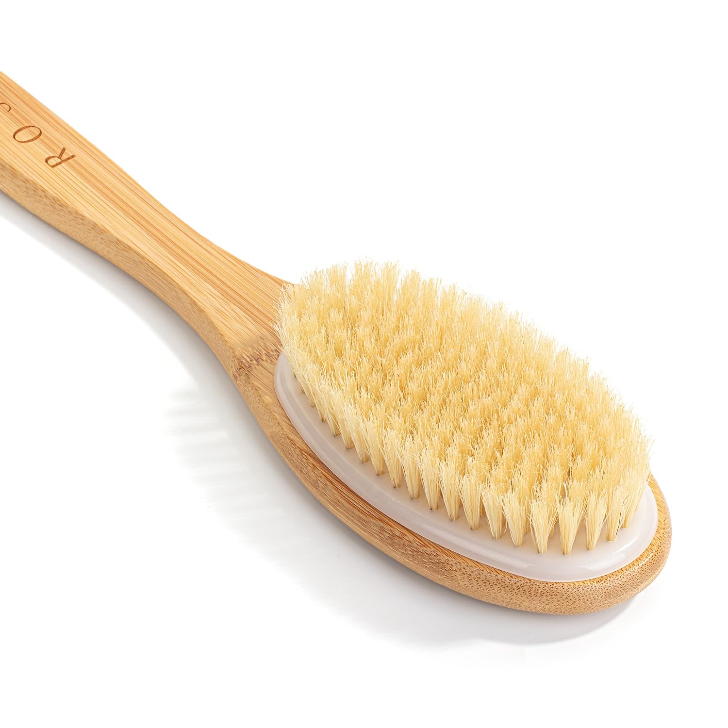 Brosse de douche de qualité supérieure avec manche long – Design monobloc solide – Poils naturels doux – Pour un brossage humide et sec – Exfoliation naturelle de la peau et éclat