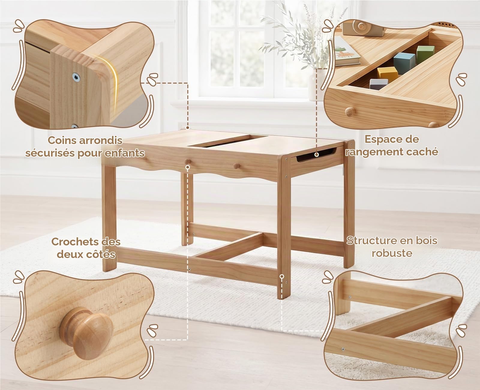 chairus 3 en 1 Table Enfants avec 2 Chaises, Réversible à Double Face avec Tableau Noir, Grand Rangement caché, Crochets latéraux, Coins arrondis, Table pour Dessiner Apprendre Bois Naturel