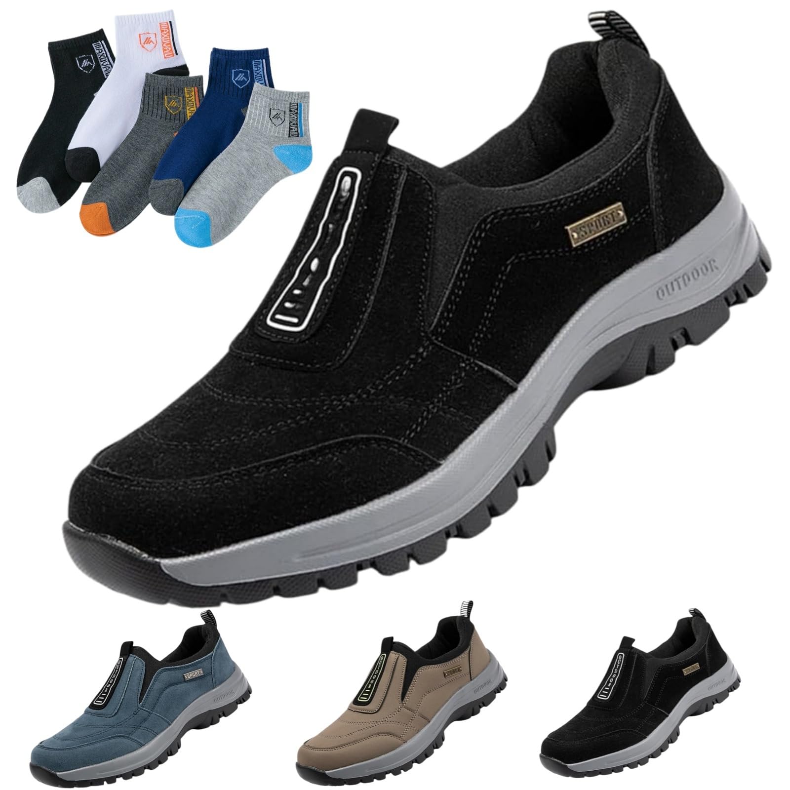 Męskie wsuwane buty z szerokimi palcami, podparcie łuku, modne trampki, ortopedyczne trampki do chodzenia, amortyzowane, do wędrówek, pracy, Czarny, 5 UK Wide