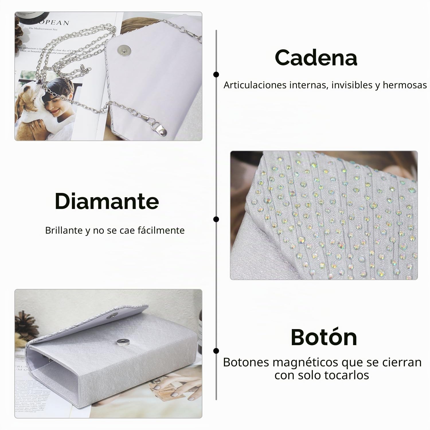 Un bolso de mano con 1 pieza de 120 cm y 1 pieza de cadena de plata de 40 cm de cadena plateada con diamantes de imitación de satén brillante para bailes, cenas, fiestas, bodas