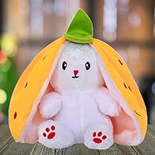 DRYPHON Strawberry Rabbit Soft Toys for Girls, Reversible Plush Toy With Zipper, Cute Plushies, Birthday Gift for Girls & Kids (Yellow, 30CM)