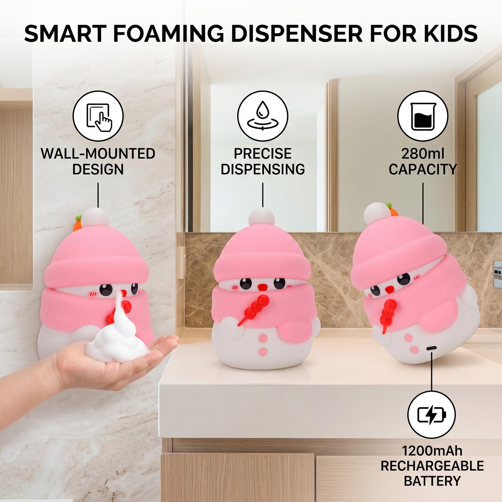 Luocute Automatischer Schaumseifenspender, Süßes Schneemann-Design (PINK)