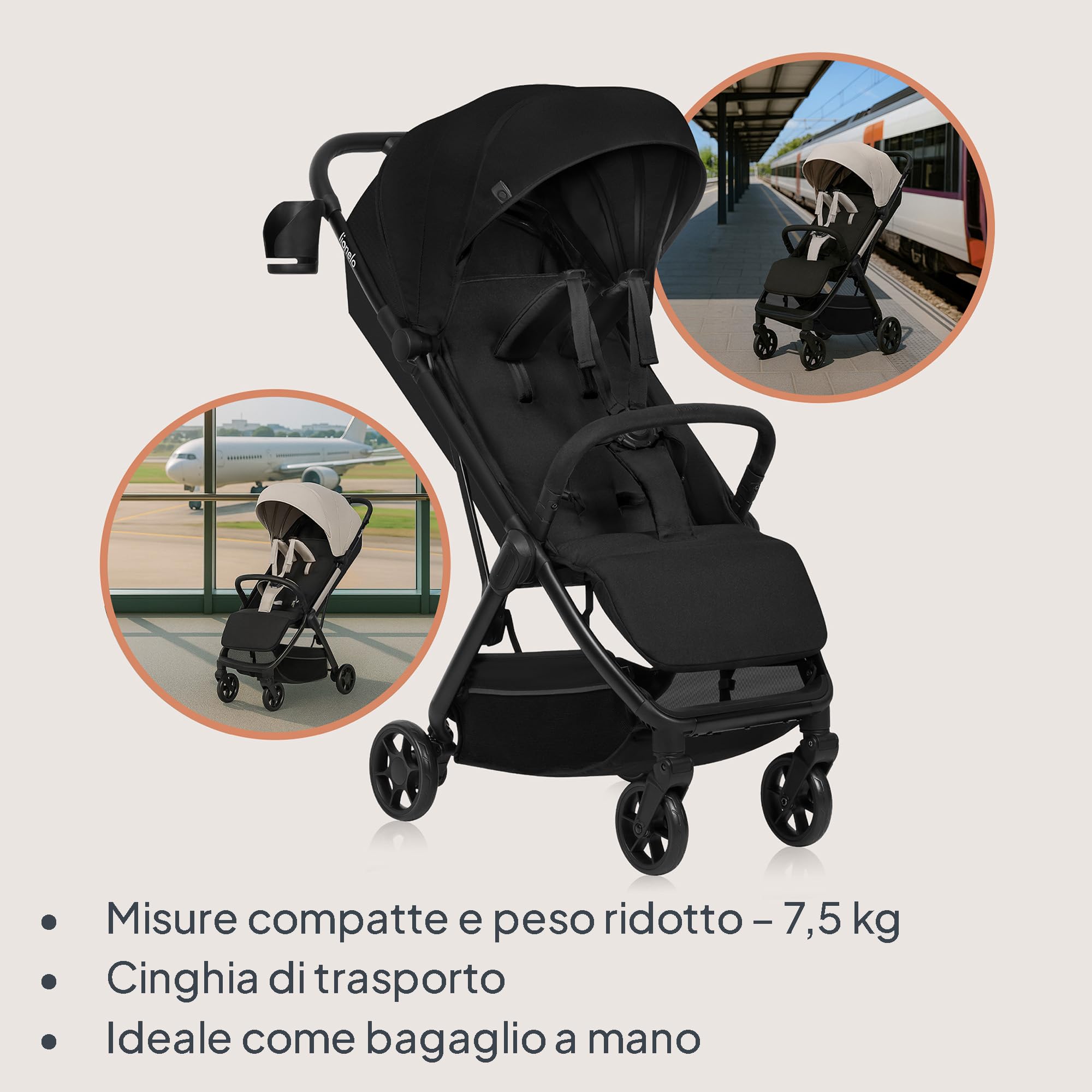 LIONELO Julie Air Passeggino da Viaggio per Aereo da 6 Mesi a 4 Anni | Fino a 22 kg, Leggero e Pieghevole con Una Mano, Ruote Girevoli a 360° con Sospensioni, Schienale Regolabile, UPF50+