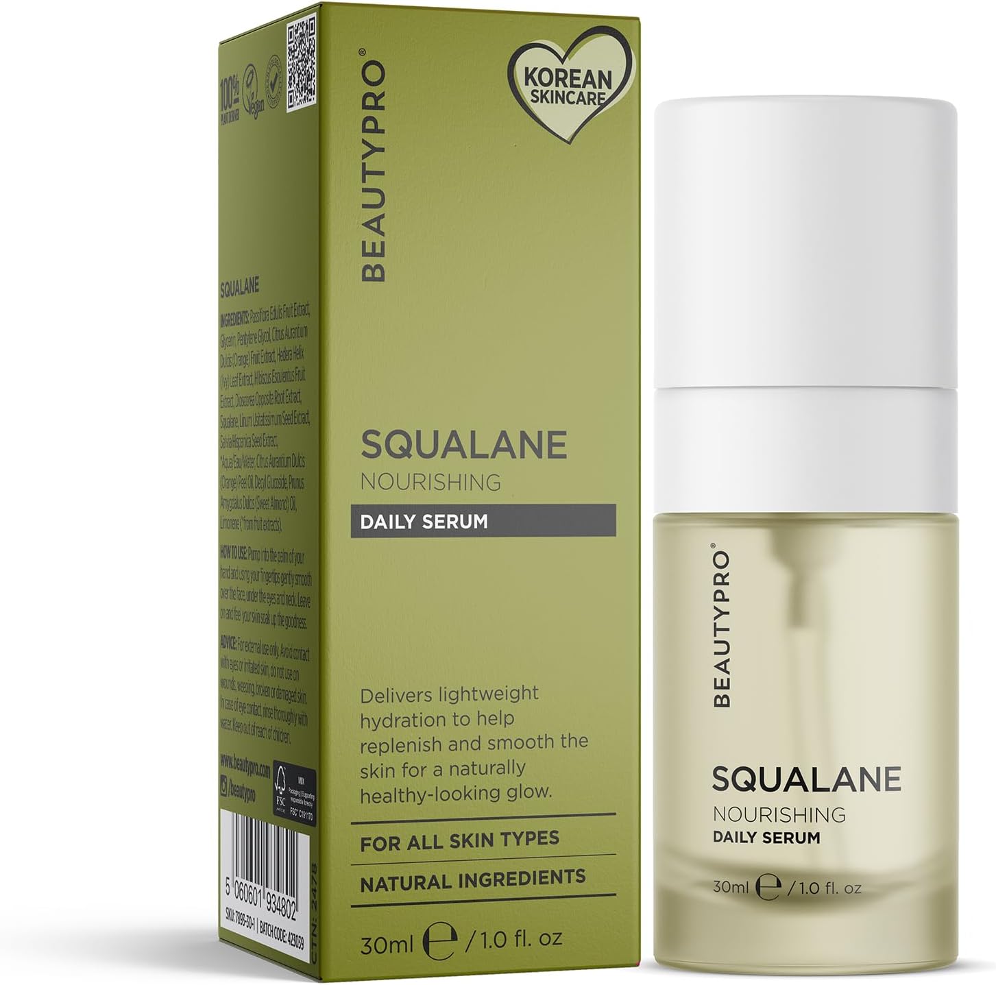 BEAUTYPRO SQUALANE Serum Daily Face Cream Hydrating Smoothing Energising Natural Vegan Skincare 100% Plant Based Olive Passionfruit Organic Sweet Orange Oil & Almond Oil Multi Award Winning Brand 30ml