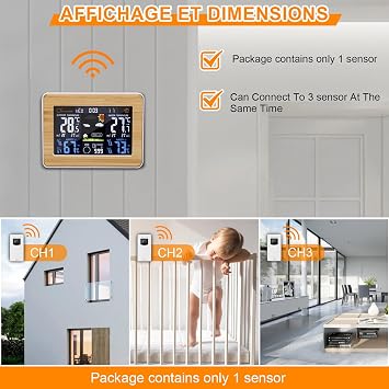 Wireless Weather Station Digital Colorful Weather Forecast Clock with Outdoor Sensor Indoor Outdoor Thermometer with Time Date Temperature Humidity Barometer Alarm Moon Phase Display Weather Clock, 1