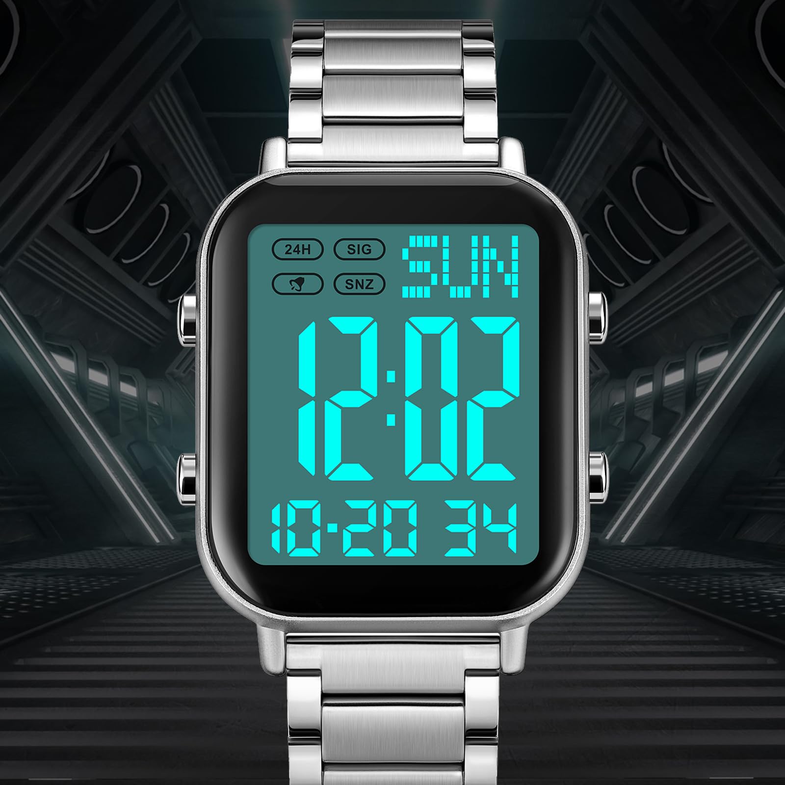 findtime Reloj digital para hombre con números grandes, para personas mayores, negocios, reloj de pulsera digital, correa de metal, reloj de lujo, LED, hora dual, fecha, 12/24 h, cronómetro
