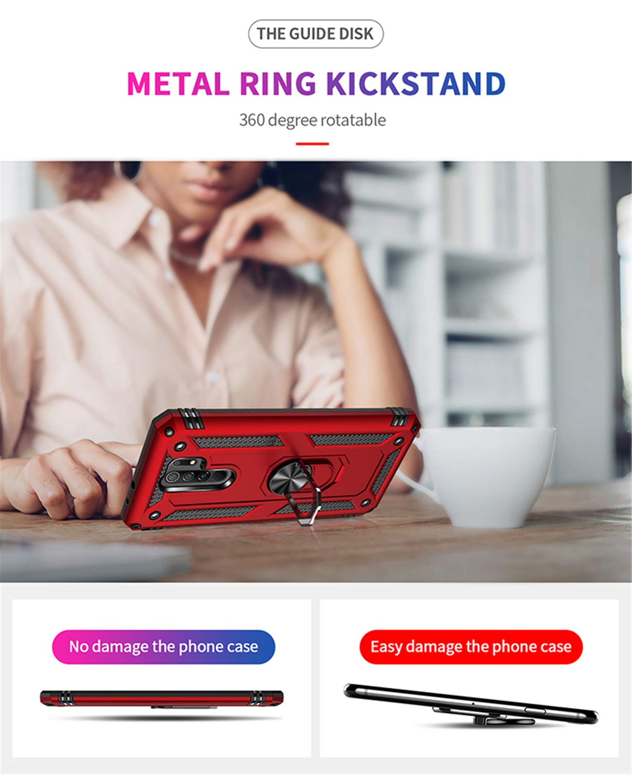 Joytag compatibles para Funda Xiaomi Redmi 9，Carcasa +Cristal Templado Silicona TPU 360 Grados Anillo Giratorio magnético Soporte Caja del teléfono del Coche-Negro — view 4