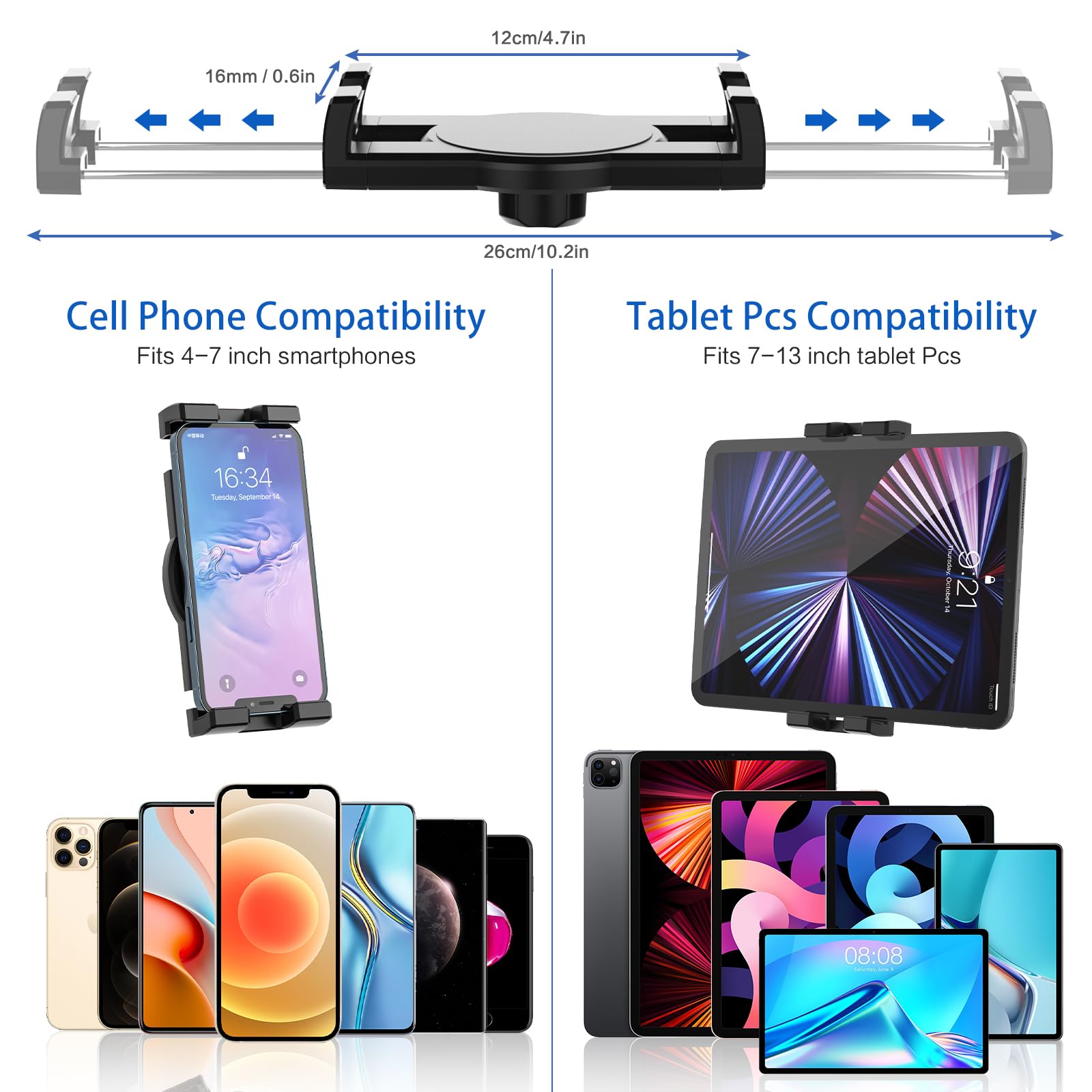 Soporte Tablet Portavasos Coche, Soporte Tablet Taza Coche con Brazos Dobles de Cuello de Cisne y Abrazaderas, para iPad Pro Air Mini, Galaxy Tabs, iPhone, Móvil y Tabletas de 4-12.9"