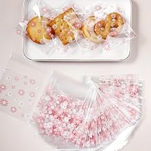 100 Pcs Pink Flower Biscuit Candy Packaging Bags, Plastic Treat Bags for Cookies, Snacks, Bakery, Wedding & Party Supplies, Kitchen Storage Accessories