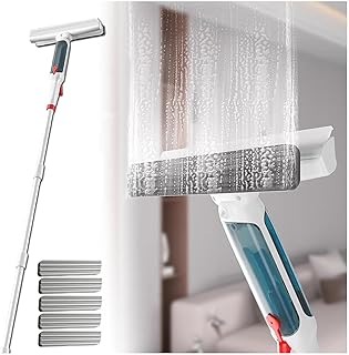 4 in 1 Sprüh Fensterwischer Mit Teleskopstiel mit 41-190 cm 4-teiligem Verlängerungsstange Gummiabzieher mit Abwassersammler und 5 Pads, für hohe Innen/Außenfenster