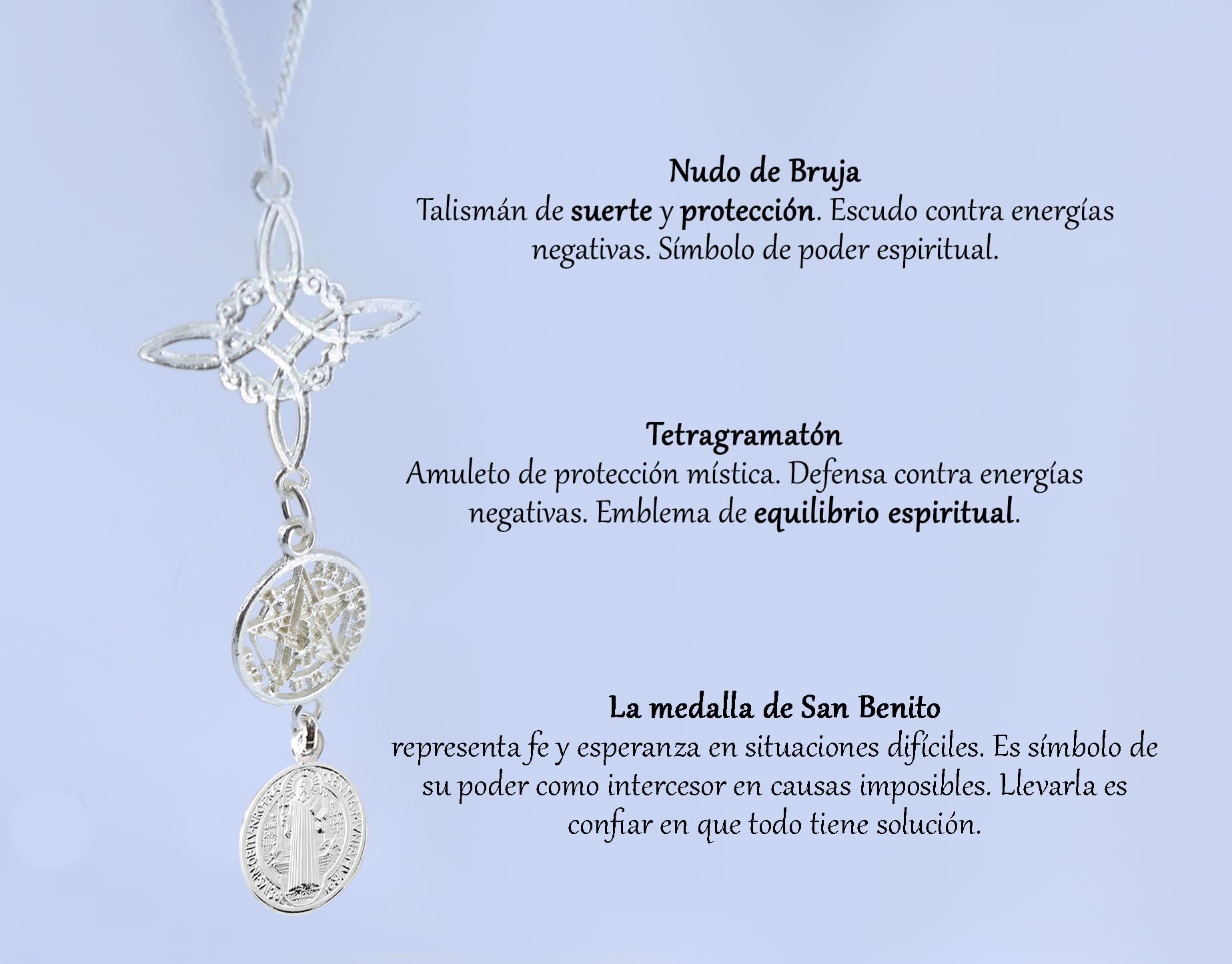 Only faith Collar Nudo de Bruja con Tetragramatón Plata de Ley 925 Italiana, Cadena largo 45 cm, Amuleto Triple Protección San Benito