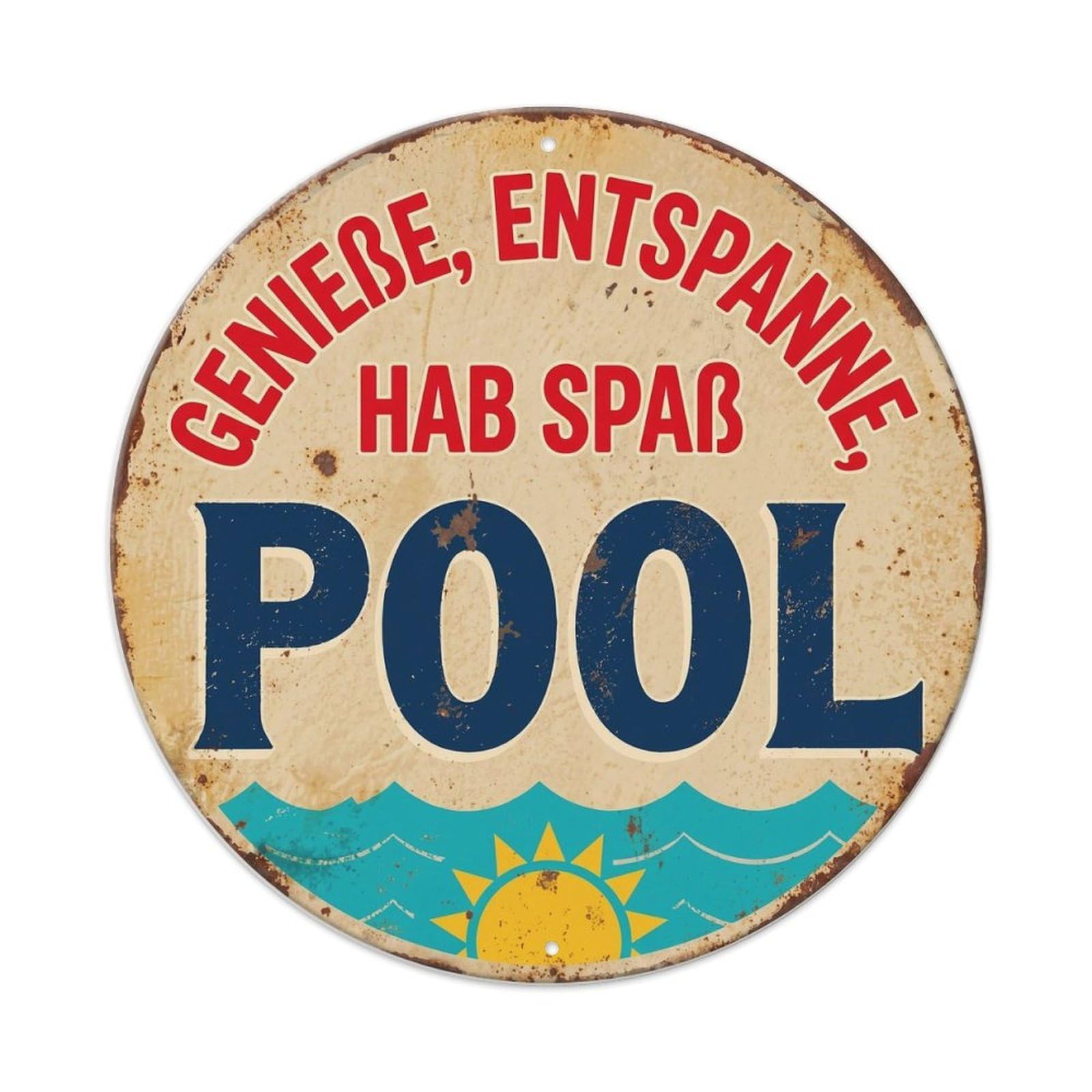 German Pool Quote Relax Enjoy Retro Summer Leisure Motto Metal Tin Sign Plaque Wall Decor for Cafe, Man Cave, Club Bar, Office, Home Garden Round Metal Poster 8x8Inch