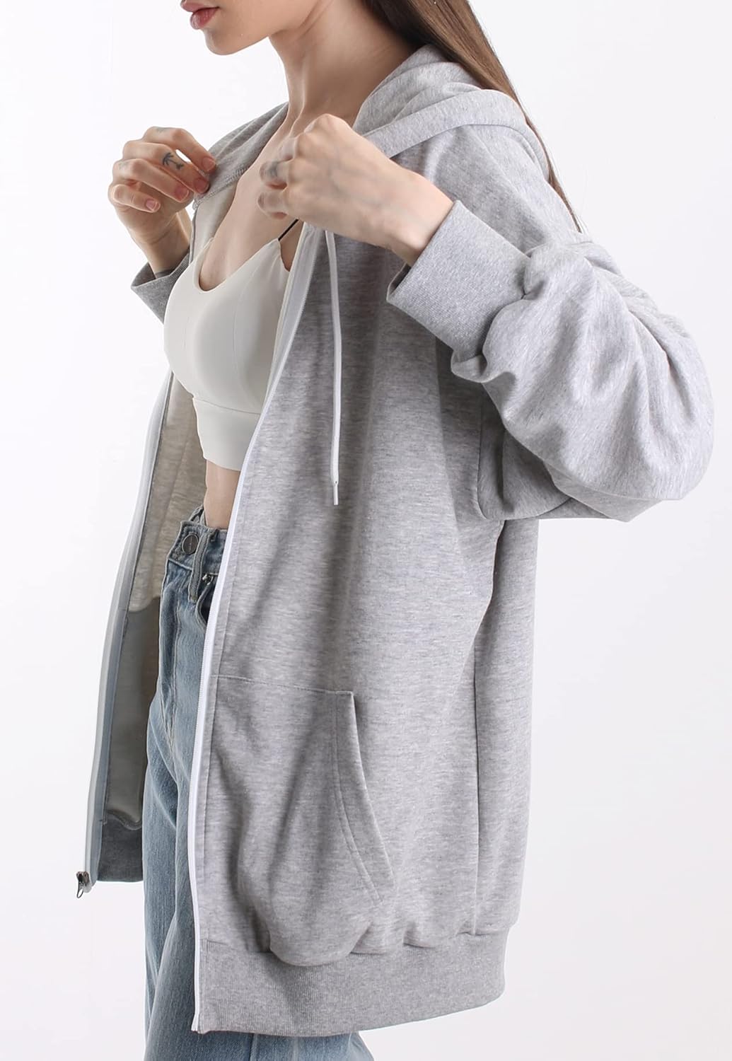 Oversized Women's Zip Up Hoodie Lightweight Soft Baggy Drop Shoulder Sweatshirt Jacket - Image 2