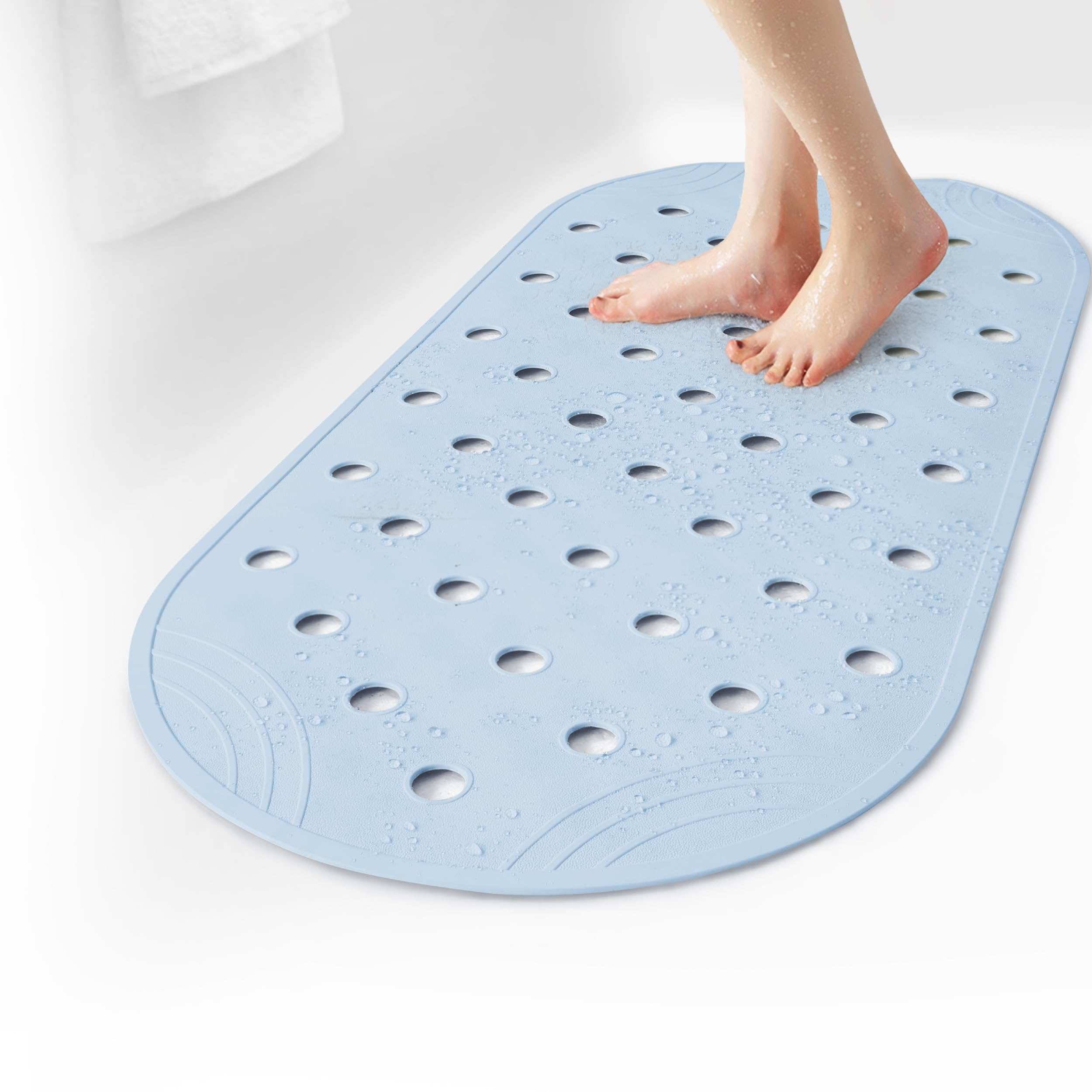 SelfSuite Rubber Bathtub Mat Shower Mat Non-Slip, 31x14 Inch, Bath Tub Floor Mat with Suction Cups and Drainage Holes, Light Blue