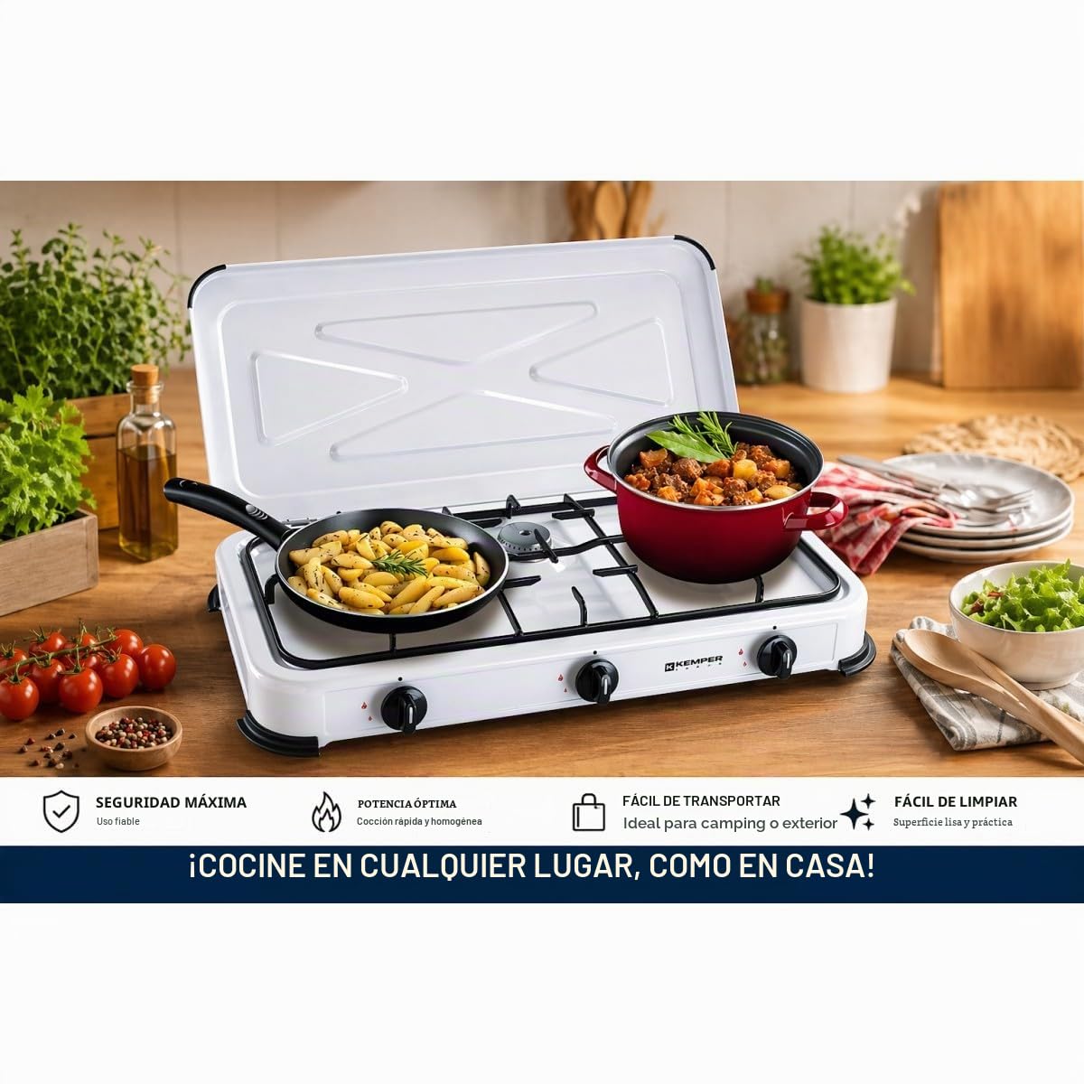 KEMPER – Placa de cocción de gas 3 luces portátil, 3450 W, tapa extraíble, color blanco – Hornillo para camping, conexión de botella de gas Butano/propano simple y segura