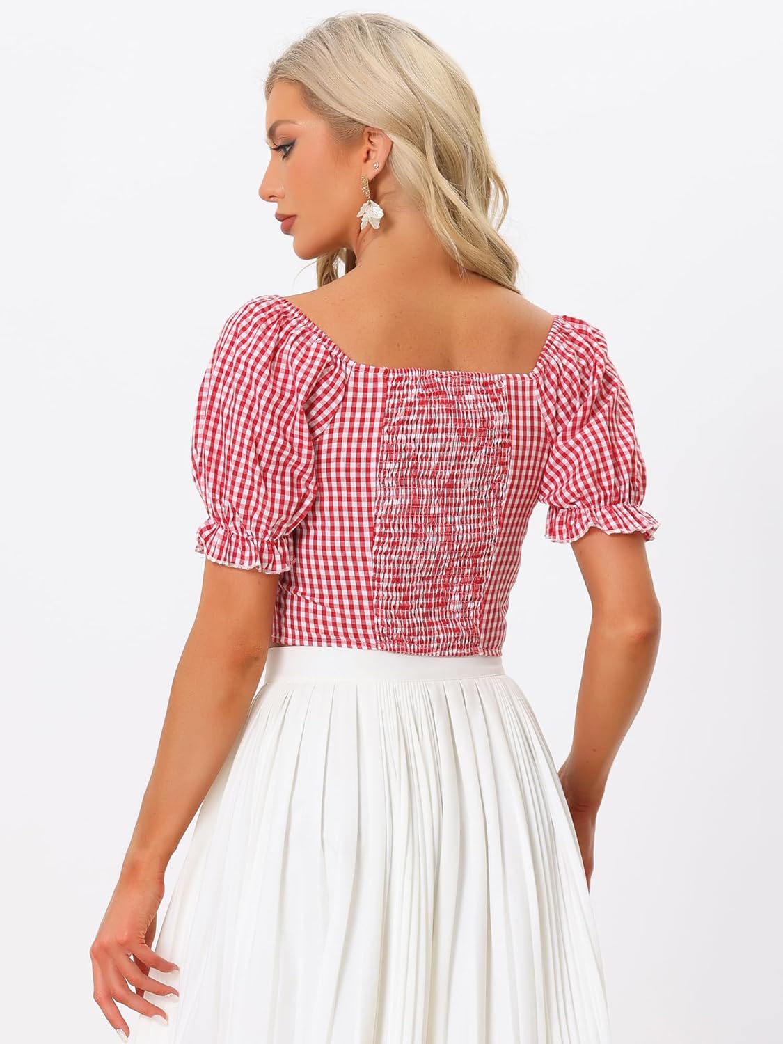 Allegra K Smocked Crop Top for Women's Bubble Sleeve Peasant Gingham Plaid Tops - Image 3