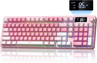 Keymatic Gaming Keyboard Wireless Creamy Keyboard with Media Knob & Screen Cute Keyboard Mechanical Feeling Membrane Keyboard with Number Pad RGB Backlit Tri-Mode BT/2.4GHz/USB-C - Pink