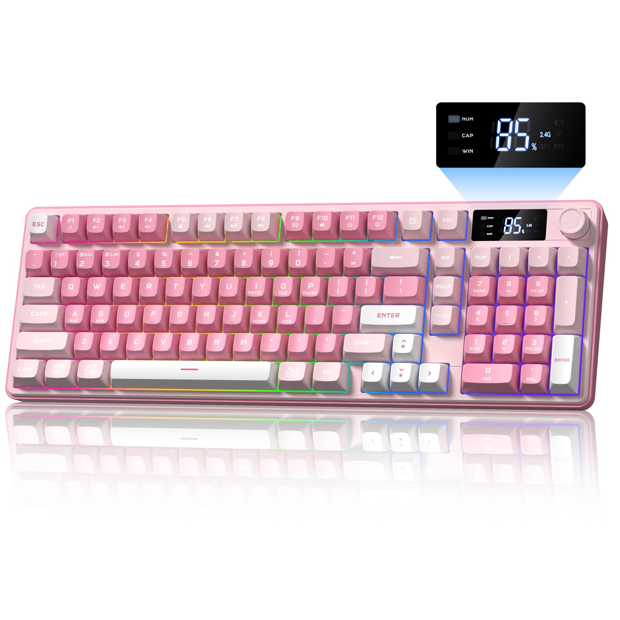 Keymatic Gaming Keyboard Wireless Creamy Keyboard with Media Knob & Screen Cute Keyboard Mechanical Feeling with Number Pad RGB Backlit Tri-Mode BT/2.4GHz/USB-C - Pink-image-36