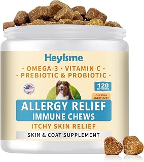 Dog Allergy Relief Chews, Itch Relief, Probiotics for Dogs, Omega-3 Fish Oil, Seasonal Allergy and Itchy Skin Treatment, Immune Support Supplement (120 Chews, Chicken)