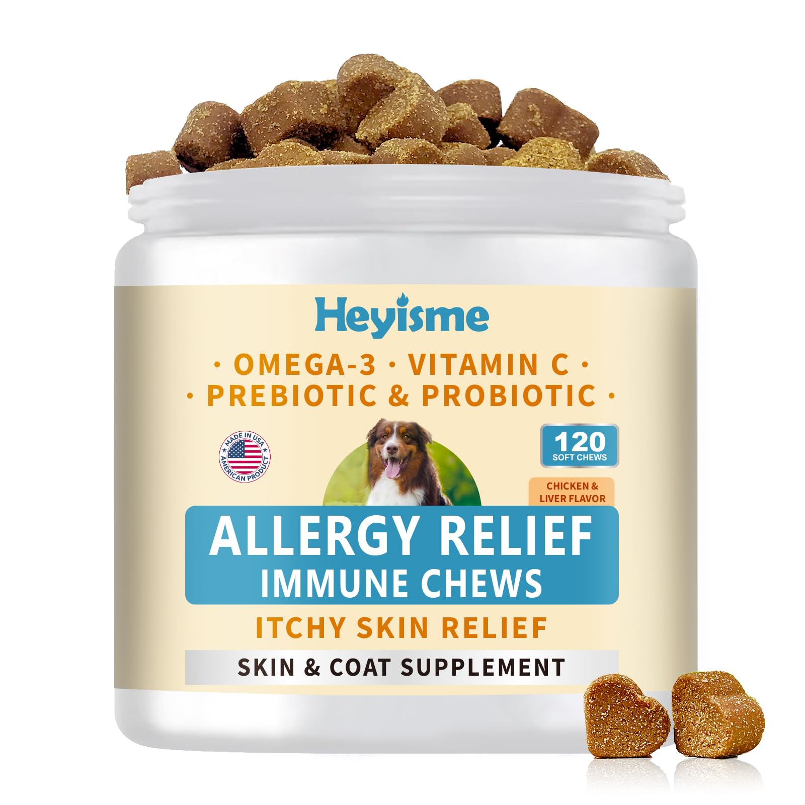 Dog Allergy Relief Chews, Itch Relief, Probiotics for Dogs, Omega-3 Fish Oil, Seasonal Allergy and Itchy Skin Treatment, Immune Support Supplement (