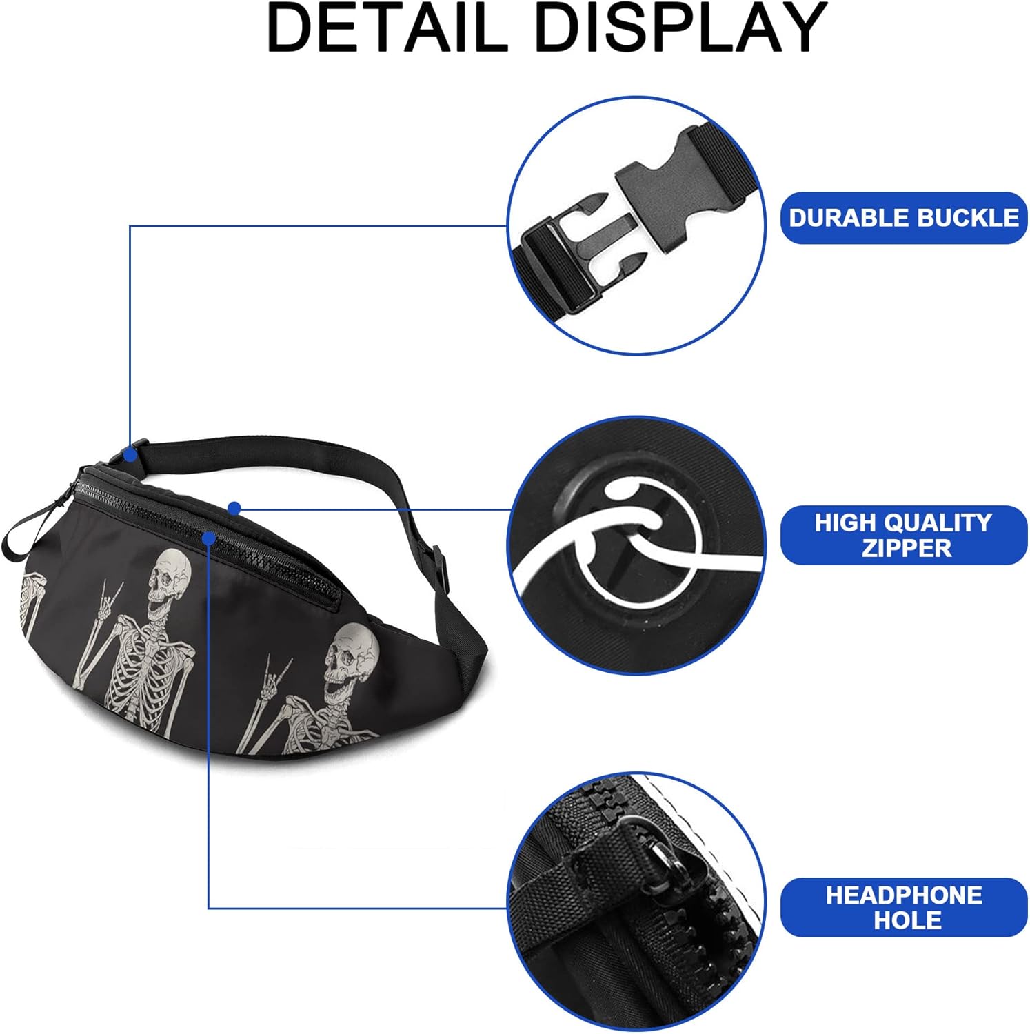 Rock And Roll Skeleton Skull Boho Hippie Fanny Pack For Women Man Sport Waist Pack Bag Adjustable Workout Waist Bag, Black 4, One Size - Image 3