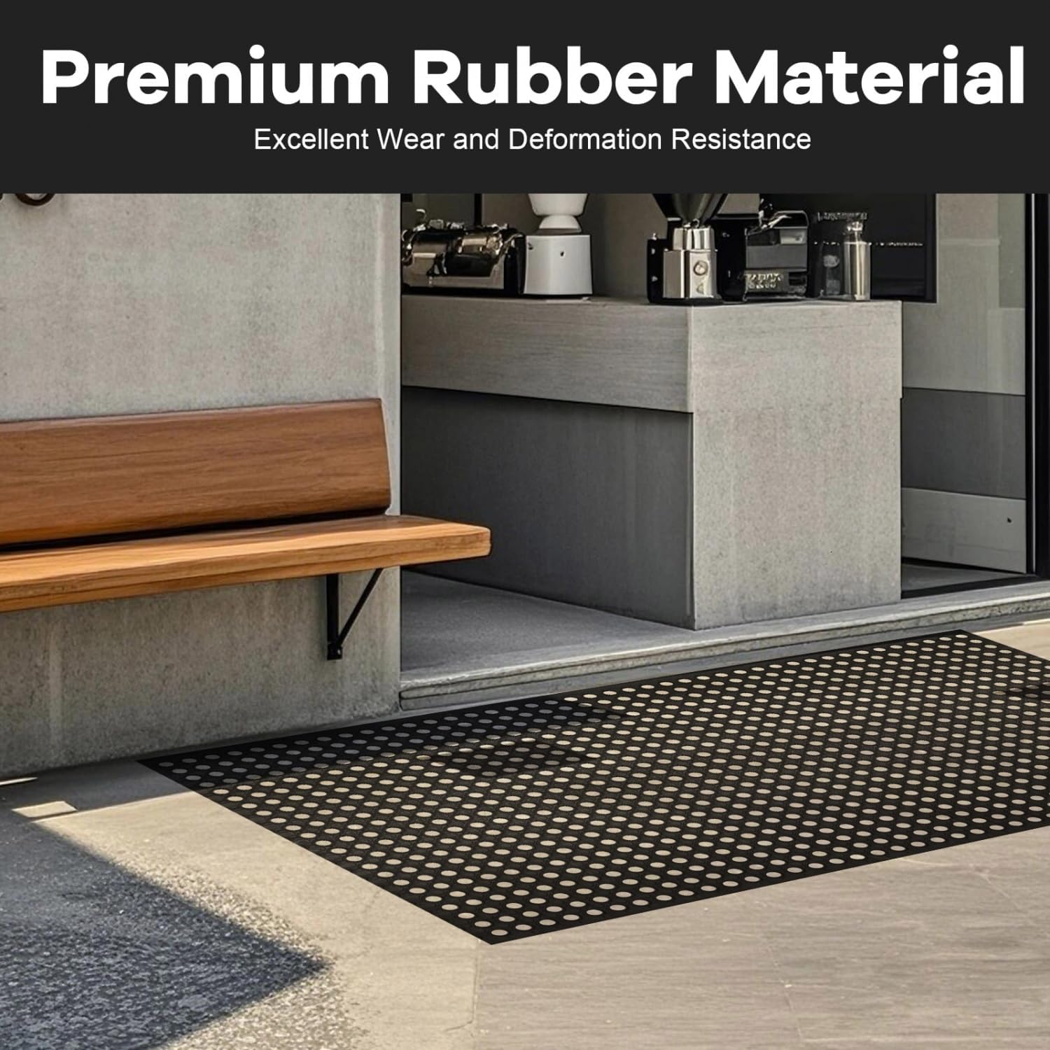 Outdoor Rubber Mat with Drainage, 4.9 X 2.9 Ft Black Anti-Slip Outdoor Door Mat for Floor, Outside, Indoor, Kitchen, Entrance, Garage, Bar and Wet Area