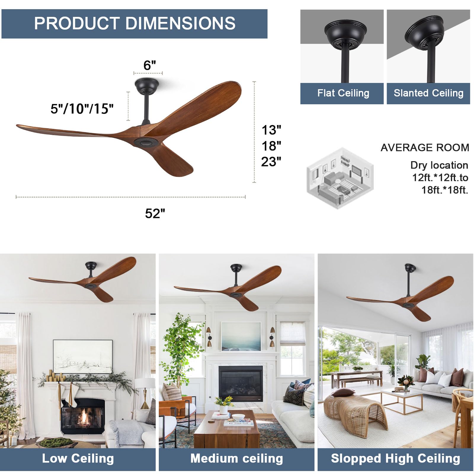 ABZ 52 Solid Wood Ceiling Fan Outdoor 3 Blade No Light Walnut for Patio Living Room Bedroom Porch — view 6