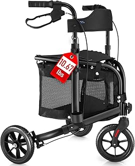 WALK MATE 3 Wheel Rollator Walker with Seat for Slim Seniors, Padded Backrest Lightweight Foldable Walker Ideal for Elderly, 8 Inch Tri-Wheel Modern Mobility Walking Aid Aluminum, Black