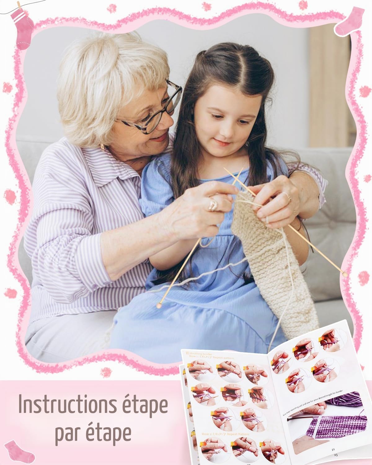 Katech Kit Tricot Débutant - Laine, Aiguilles à Tricoter 25cm en Bambou et Métal, Kit Adulte Chaussettes, Livre en Anglais - Gris Rose