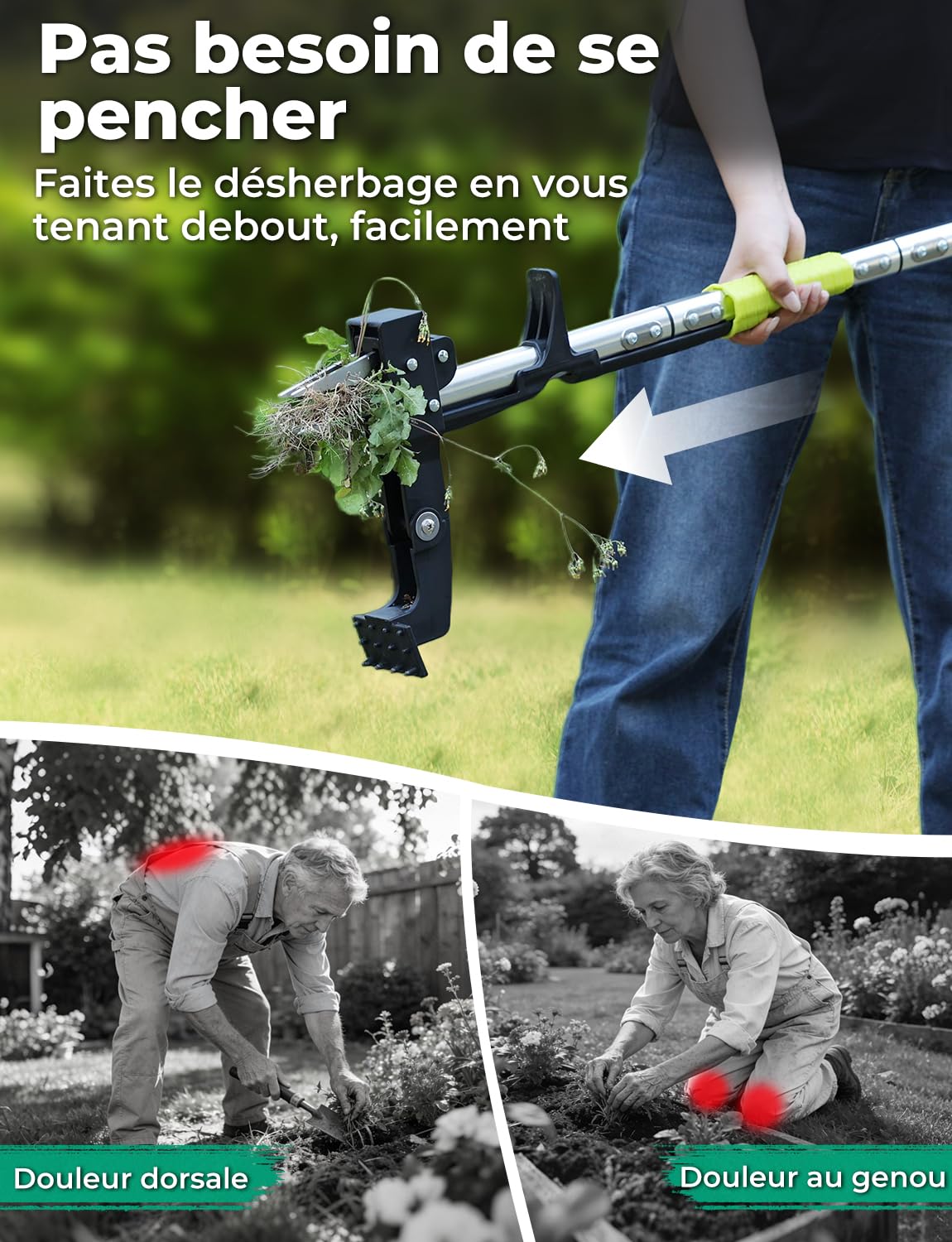 YISSVIC Desherbeur Manuel 108cm en Acier Inoxydable à 4 Griffes avec Pédale Arrache-Racines Télescopique Arrache Pissenlit Poignée Antidérapante Réglable en Forme de D pour Outils Jardinage