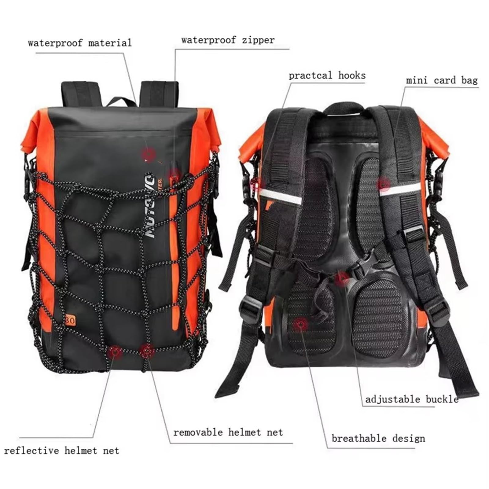 Moto Coda Borsa Borsa da Sella per Moto Zaino da Moto Leggero Sportivo da Basket Impermeabile per Ciclismo Selvaggio con Catarifrangenti E Rete per Il Posizionamento del Casco(Black B)
