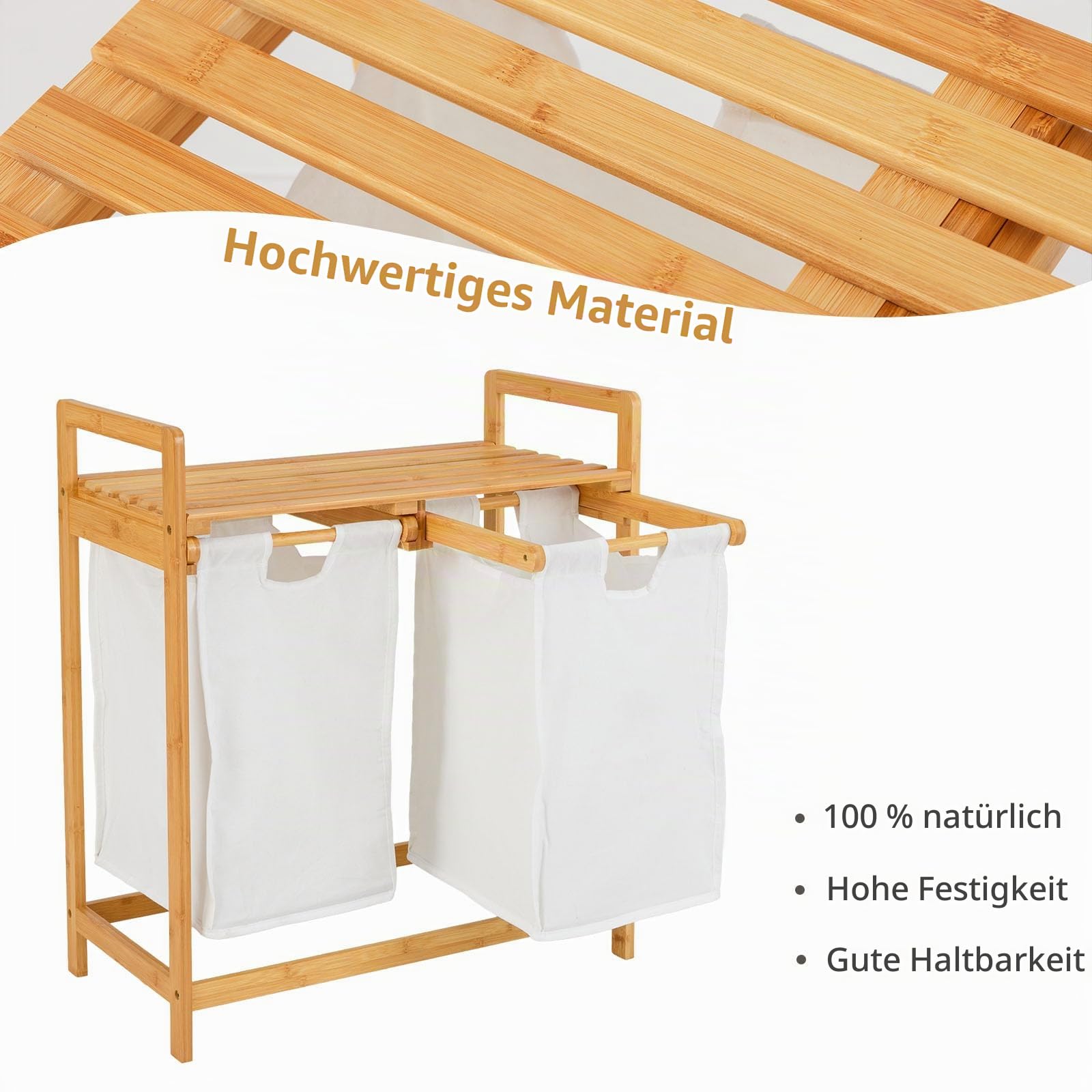 LIFEZEAL Wäschekorb Bambus, Wäschetonne mit Regal & 2 Ausziehbaren Wäschesäcken, Wäschesammler 2 Fächer für Schmutzwäsche, Wäschesortierer Wäscheschrank für Badzimmer (Weiß)