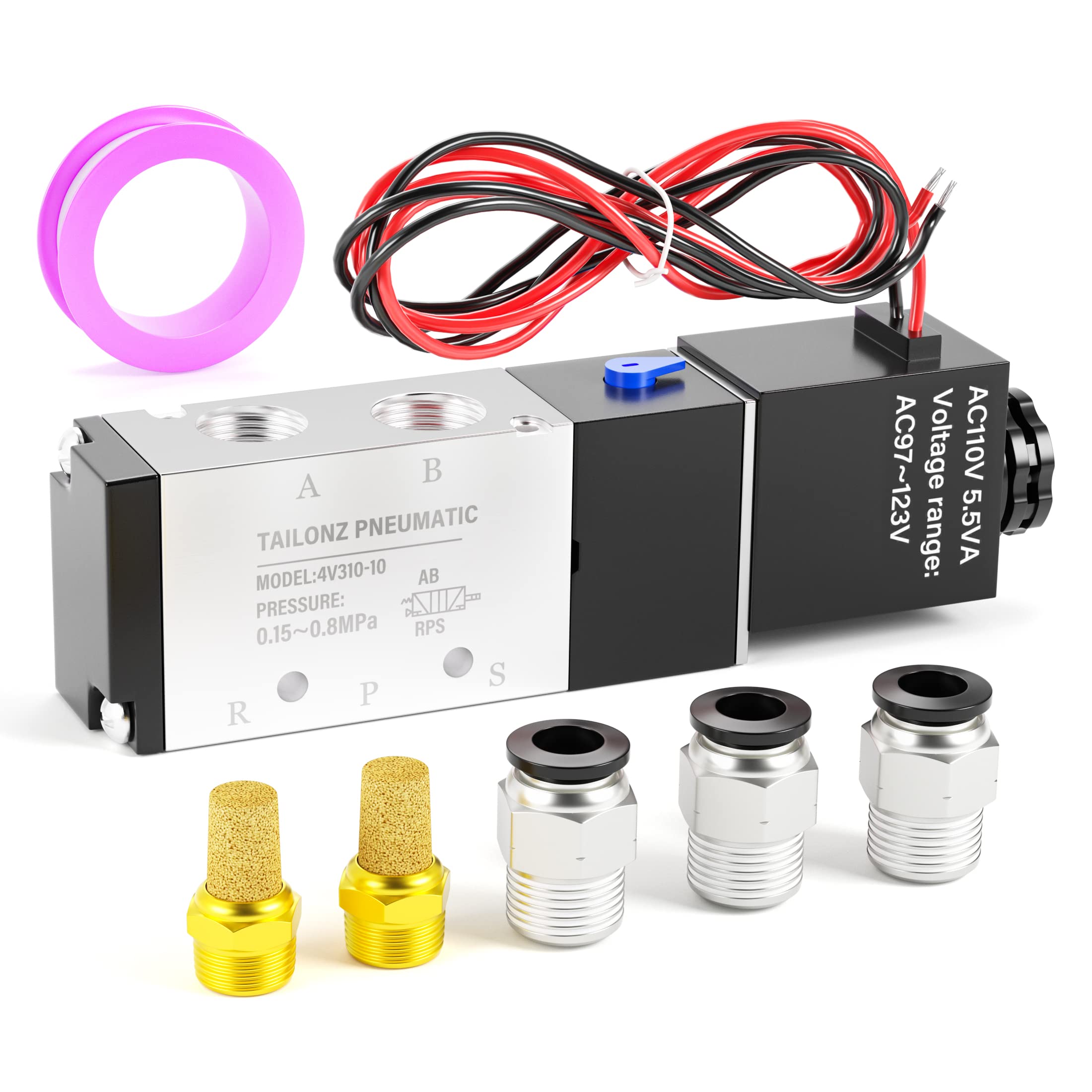 TAILONZ 3/8"NPT AC110V Solenoid Valve 2Position 5Way Outlet wire 4V310-10