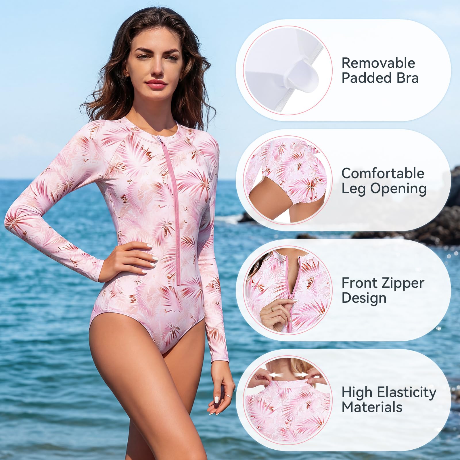 Womens Athletic One Piece Swimsuits Long Sleeve Swimsuit Sports Surfing Swimwear Bathing Suits