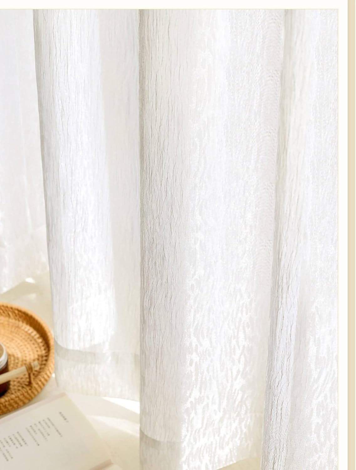 Sheer Curtains for Bedroom 2 Panels Set 63 inch Long, Flannel Transparent Curtains Hook Solid Color Water Wave Texture Window Treatment for Living Room White, 40 x 63 Inch