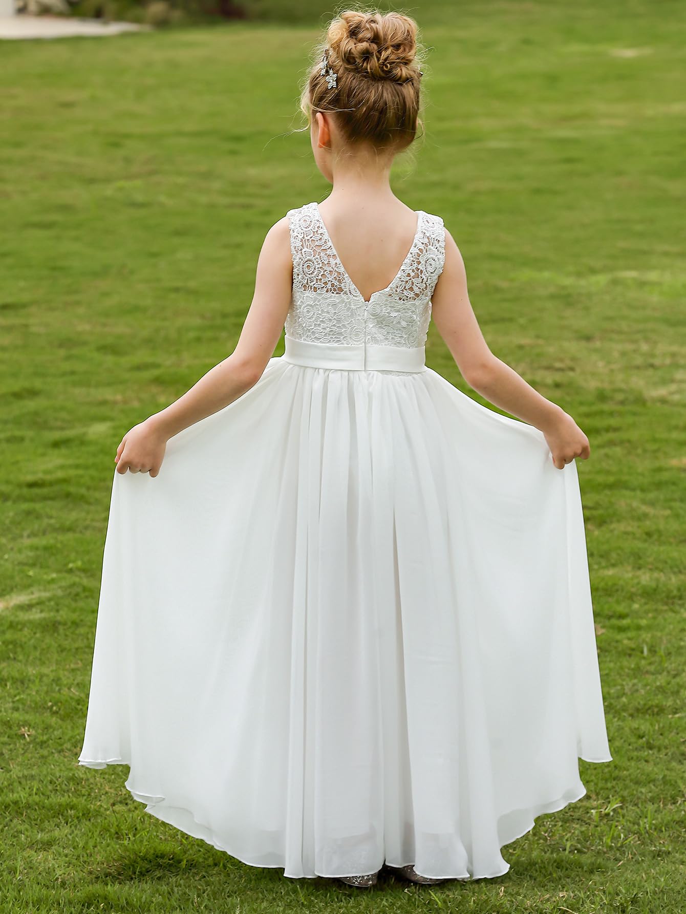 Elegante abito da ragazza di fiori, pizzo e tulle, lunghezza a terra, linea ad A, abiti da festa
