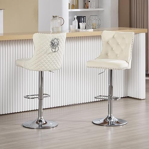 Miniatura 60 de Juego de 4 taburetes de bar giratorios ajustables de terciopelo con respaldo copetudo, ribete de cabezas de clavos y anillo de tracción, sillas de