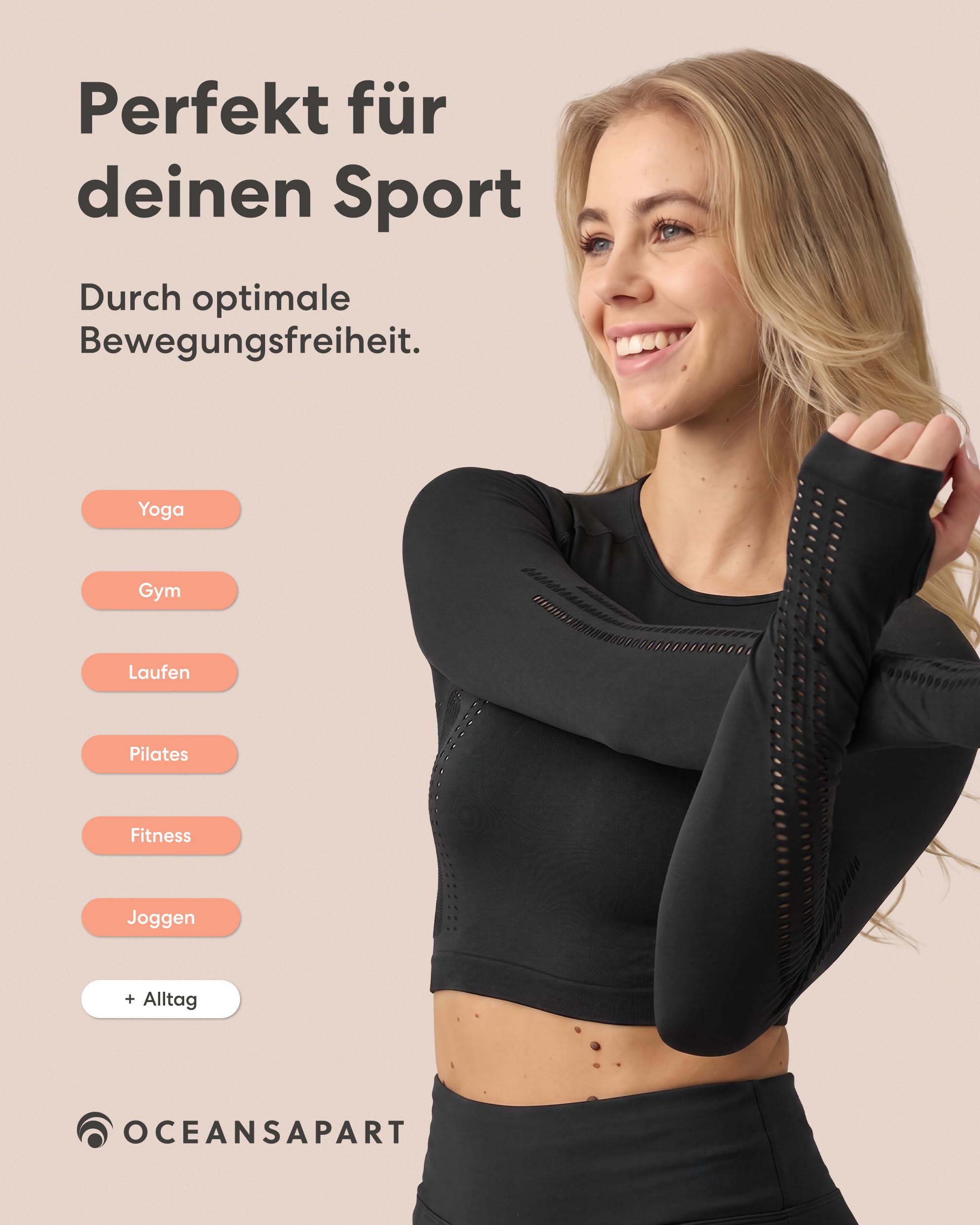 OCEANSAPART Beauty Longsleeve - Damen Langarm Crop Top Sport | Daumenlöcher & Mesh-Details – Nahtlos & Schnelltrocknend – Activewear für Yoga, Pilates & Gym