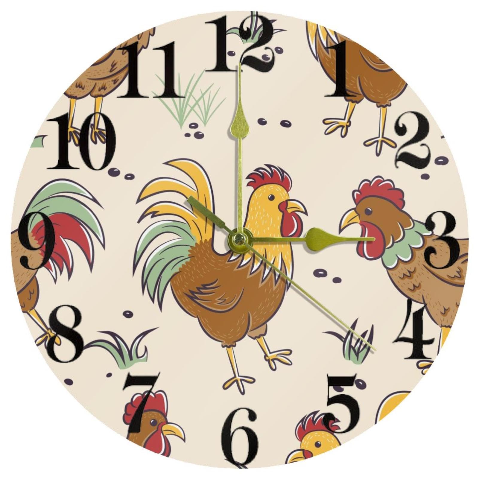 Horloge murale ronde à quartz avec motif de coqs sur l'herbe - Ø 30cm