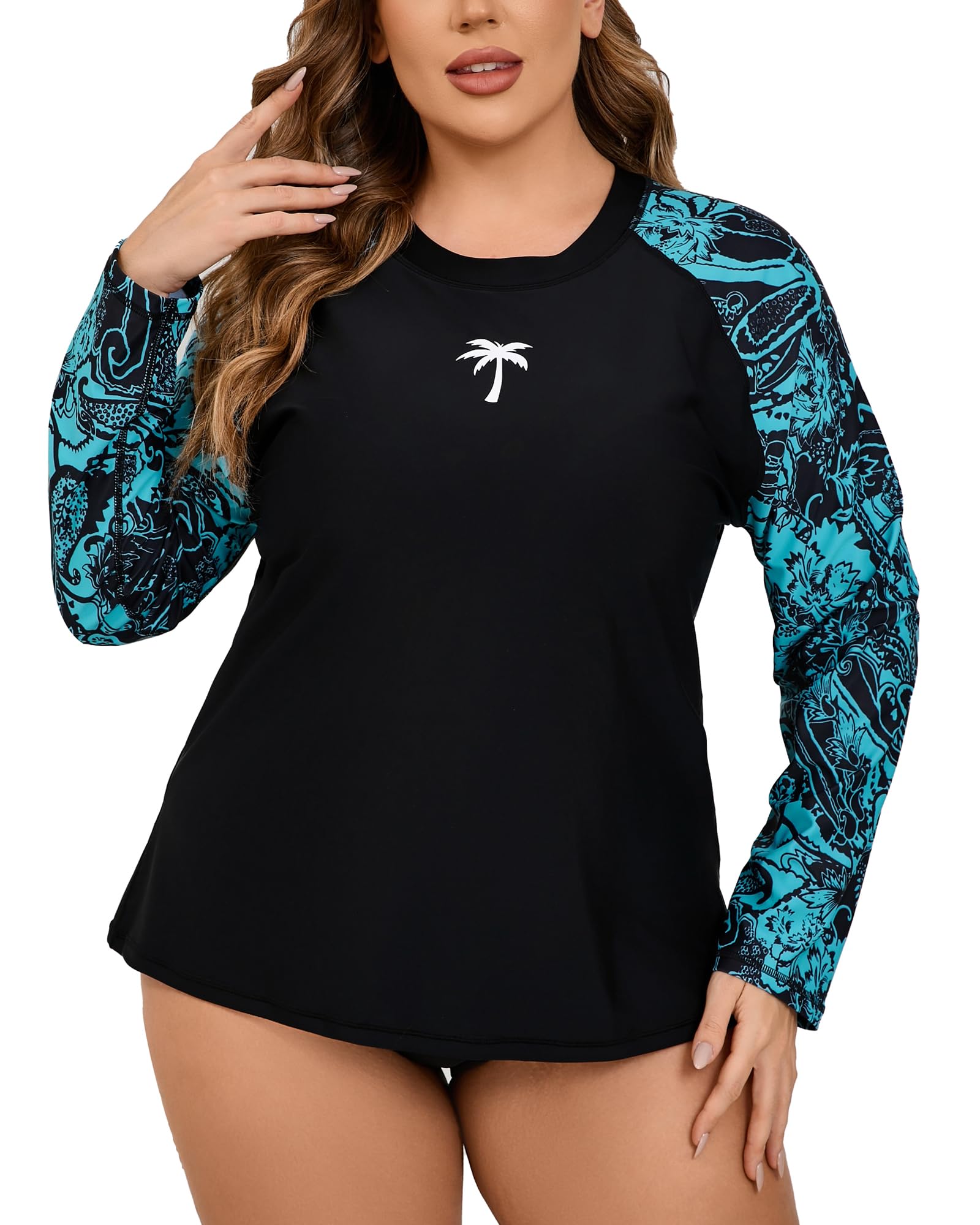 Halcurt Womens Plus Size Long Sleeve Rash Guard Swim Shirt with Built in Bra Loose Fit UPF50+ Swimsuit Top