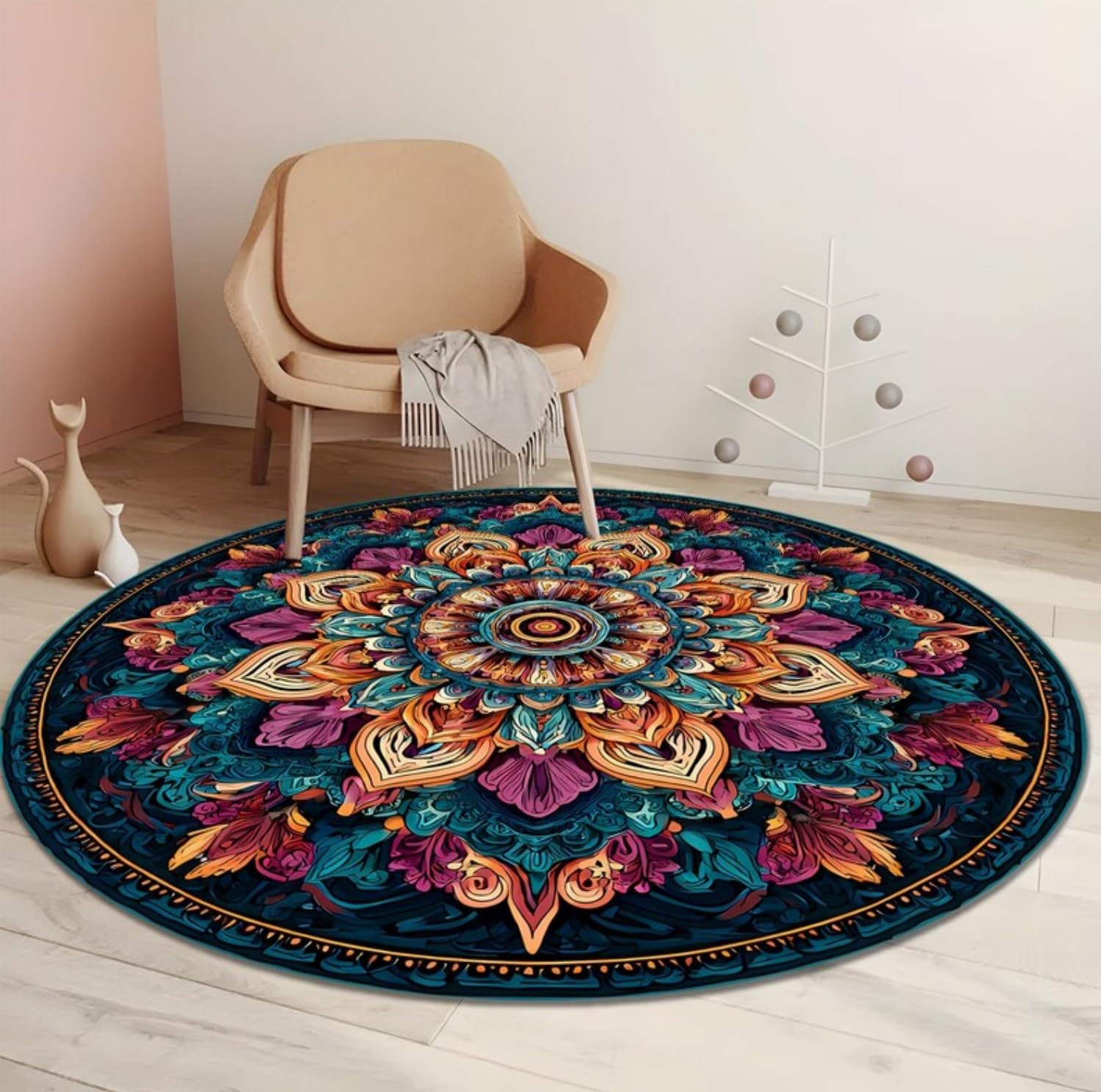 Floral Area Rug,200cm Bohemian Style Sofa Round Rug, Vintage Blue and Red Plant Mandala Pattern, Non-Slip, Watercolor Style Print, Non-Shedding, Carpet for Living Room, Kitchen, Office, Game Room