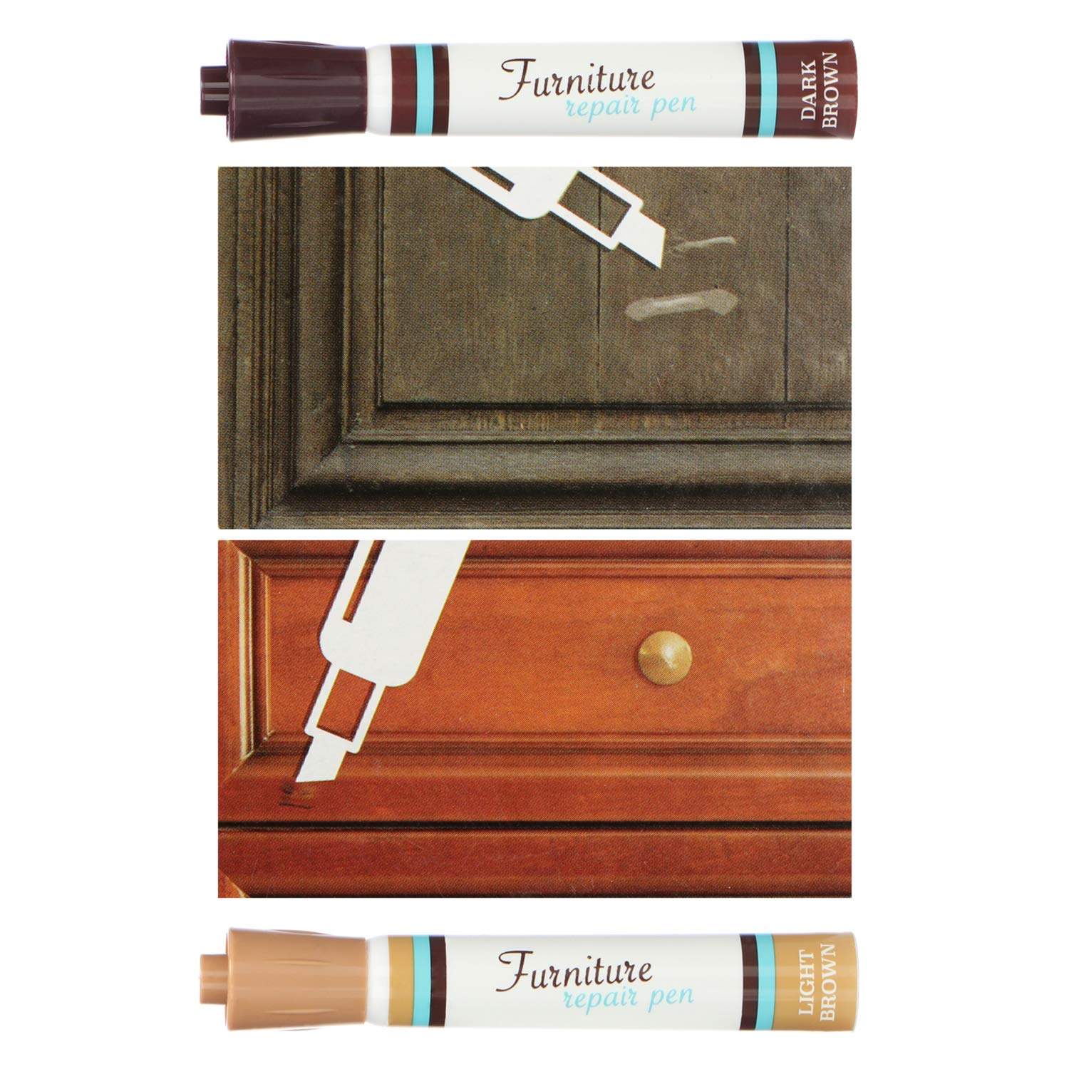 com-four® 4X Penna per mobili - Penne di correzione Marroni per mobili, Penne di Riparazione per ritoccare Graffi su Legno, parquet e Laminato