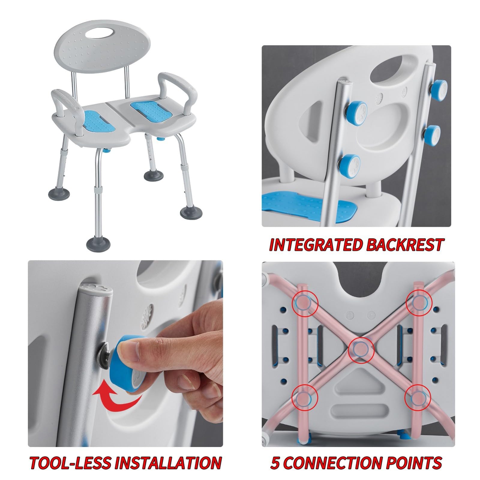 Silla para Ducha Antideslizante, Silla De Ducha para Minusválidos, Taburete De Ducha De Aluminio Regulable En Altura con Respaldo Y Reposabrazos, Asiento De Ducha para Ancianos, 150 Kg