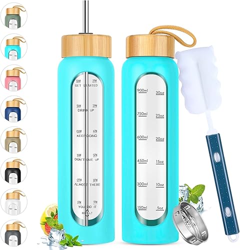 Miniatura 8 de Botellas de agua de vidrio de 32 onzas con popote, botella de agua de vidrio motivacional con marcador de tiempo y funda de silicona, vaso de vidrio