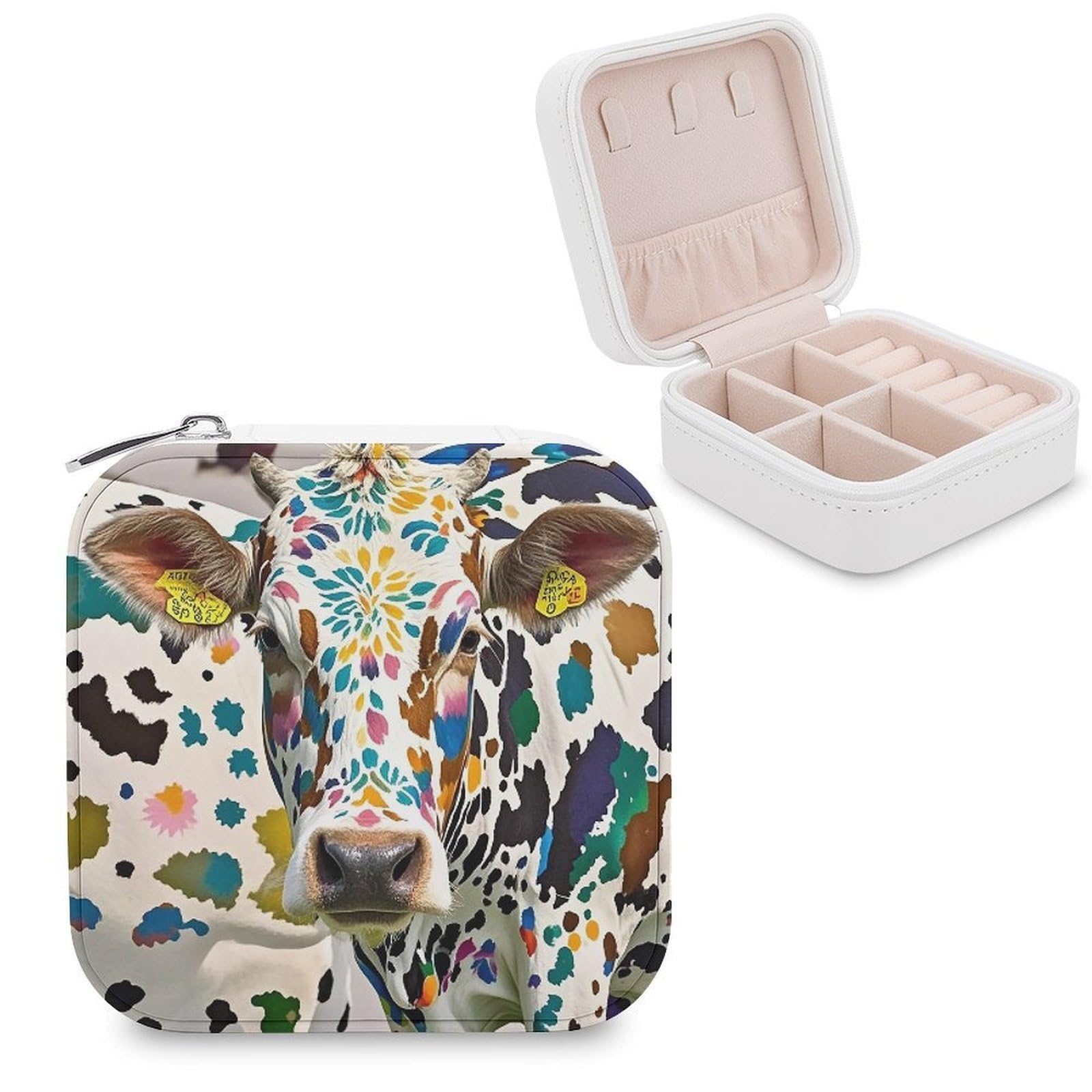 FekiLoot Cow Spot Jewelry Case Personalized Leather Jewelry Box Mini Travel Jewelry Case Small Portable Jewelry Organizer for Ring Earrings Necklace Bracelet